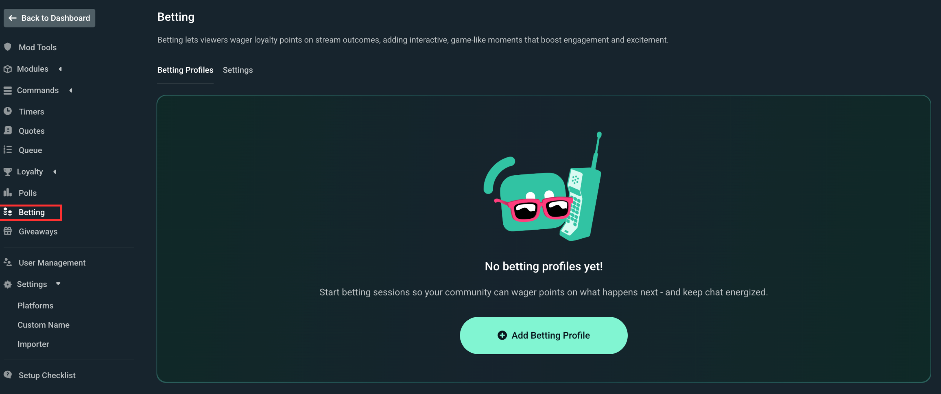 Betting tab in Cloudbot settings